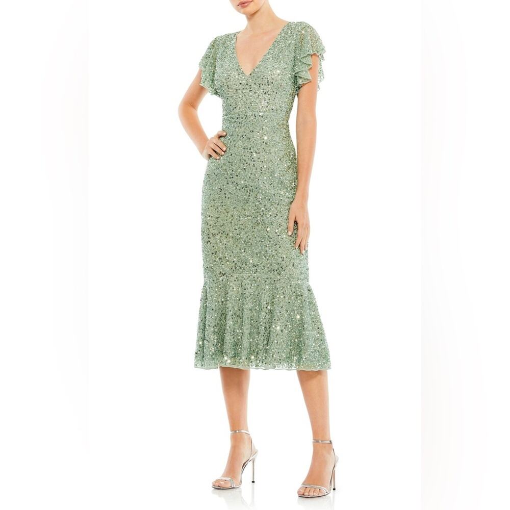 Mac Duggal Short Sleeve Sequin Midi Dress Formal Gown Sage Green Sz 2 Ruffle Hem